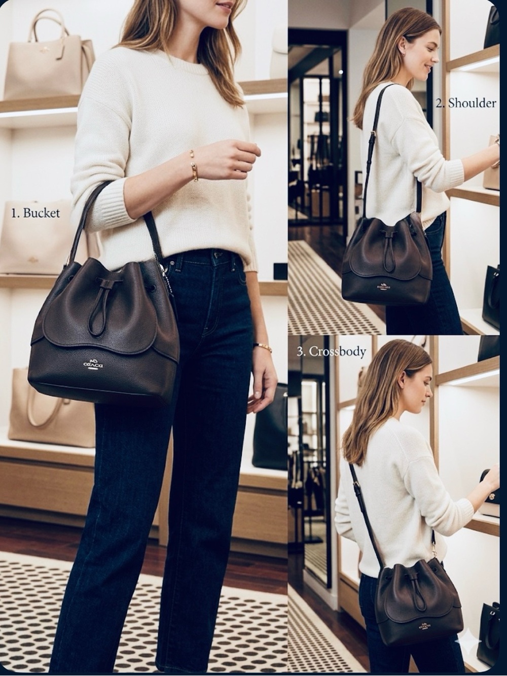 COACH Petal Tea Rose 22 Bucket Bag Black Pebble Leather - Like New 2017 (F11807) - Picture 2 of 15